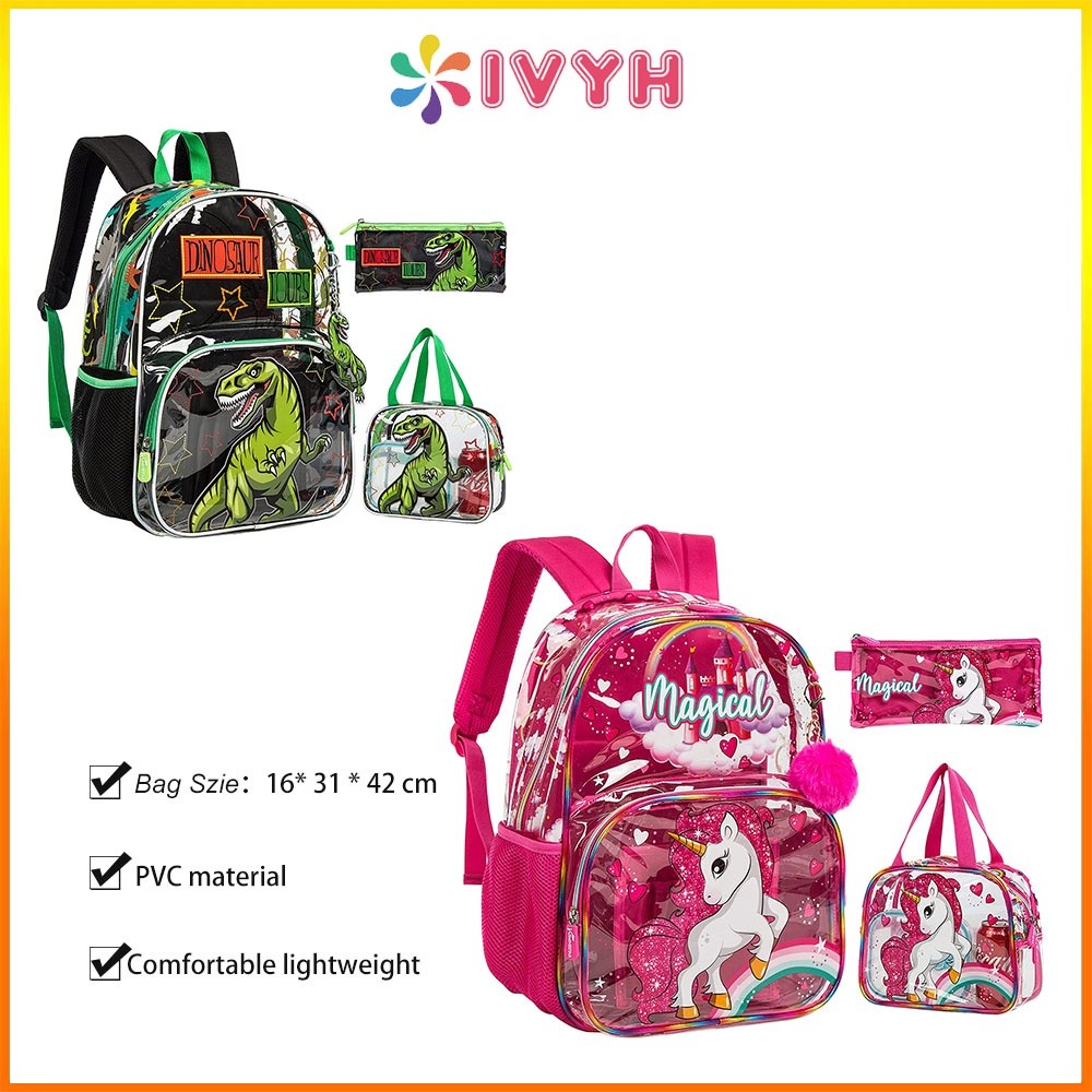 

3 Buah 16.5 "Fashion Smiggle Ransel Anak Perempuan Laki-laki Kelas 1-3-6 Tas Sekolah Unicorn Tas Tahan Air Transparan PVC Tas Buku Kartun Daypacks (Ransel + Tas Makan Siang + Tempat Pensil) |45B24C75|