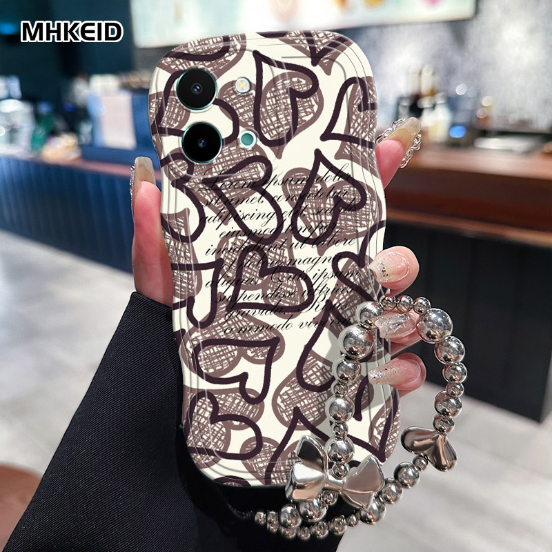 MHKEID Casing Hp Untuk VIVO Y28 2024 Case Casing pola cinta Kasing Anti Drop rantai Kesing HP Cesing