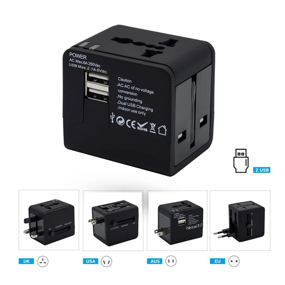 Travel Adaptor Universal Plug EU UK US/AUST dengan 2.1A USB Port - JY-148  OMAD1RBK
