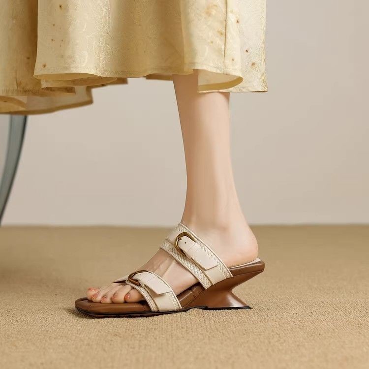 Sepatu Wanita Gaya Perancis, Sandal Hak Tinggi Luar Wanita, Sandal Wedge Jari Terbuka, Sabuk Tenun V