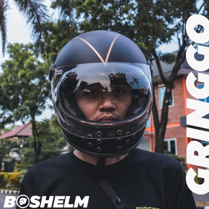 Helm Retro Fino Gringo HITAM DOFF List Gold Helm Cakil Full Face SNI TEB