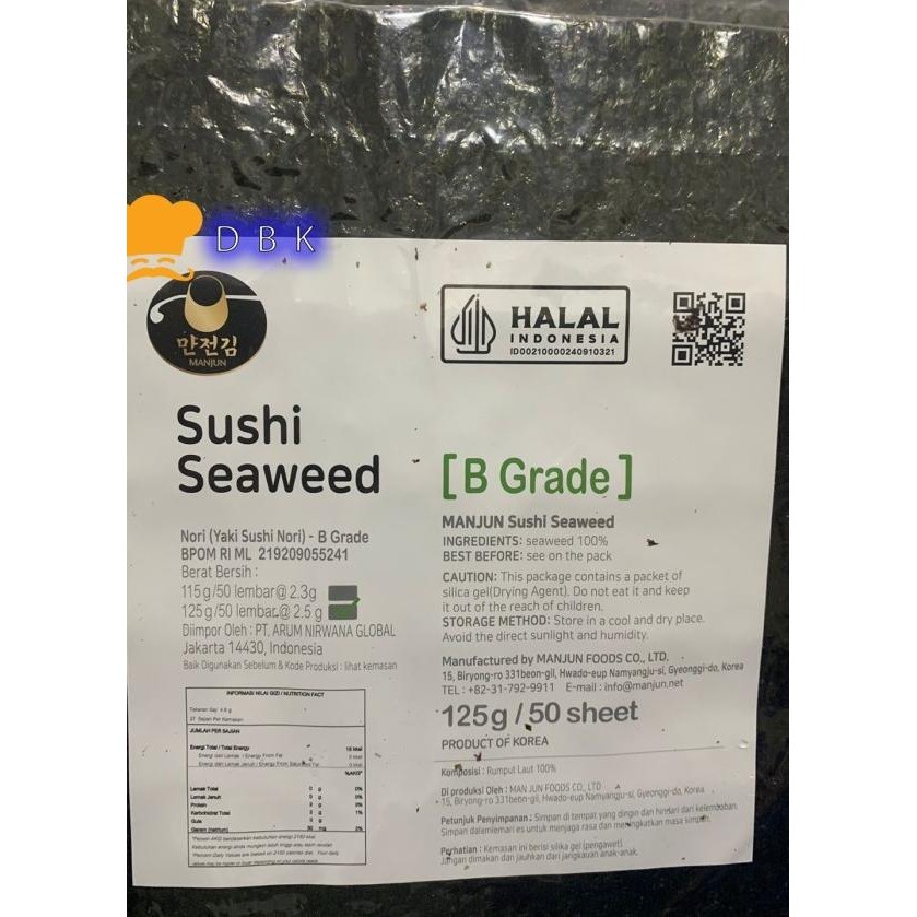 

Sushi N Manjun Seaweed Rumput Laut Lebar 50 Sheets 19X21Cm 125Gr