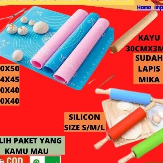 Set Alas Adonan Silicon + Rolling Pin Kayu Dan Silikon Baking Tools