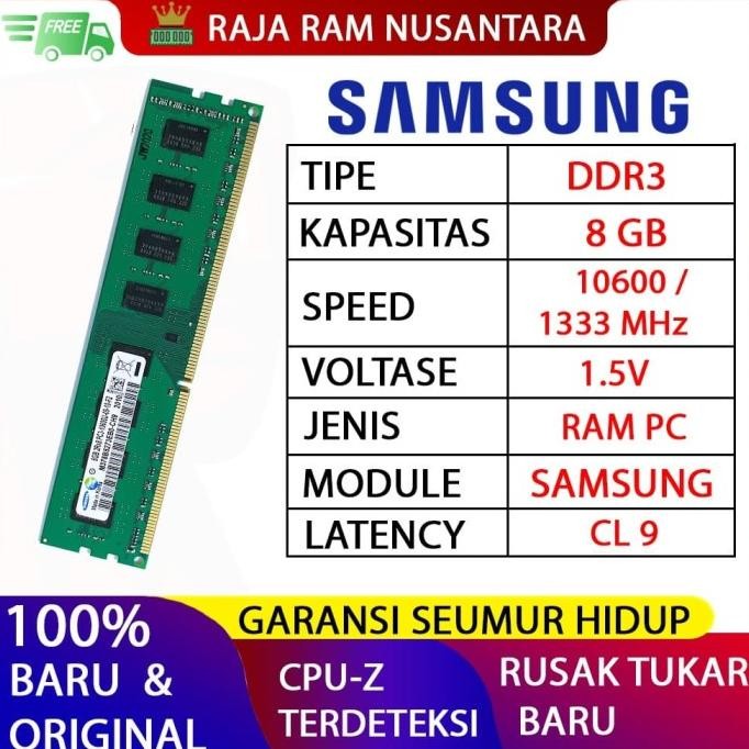 TERLARIS - RAM PC SAMSUNG DDR3 8GB 10600 / 1333 MHz ORI RAM KOMPUTER RAM PC 1.5v