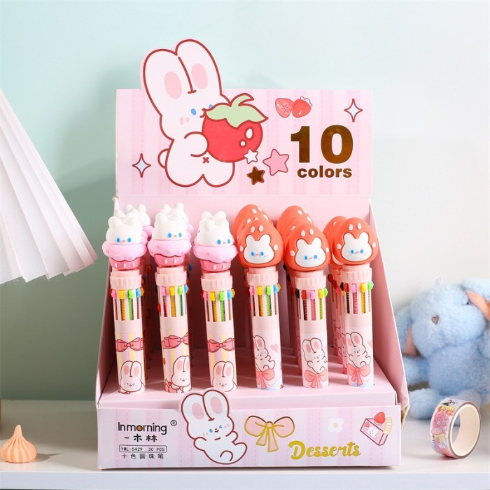 

Terbaru 2 pcs/lot Kawaii Strawberry Rabbit 6 Colored Mechanical Ballpoint Pen School Office Writing
