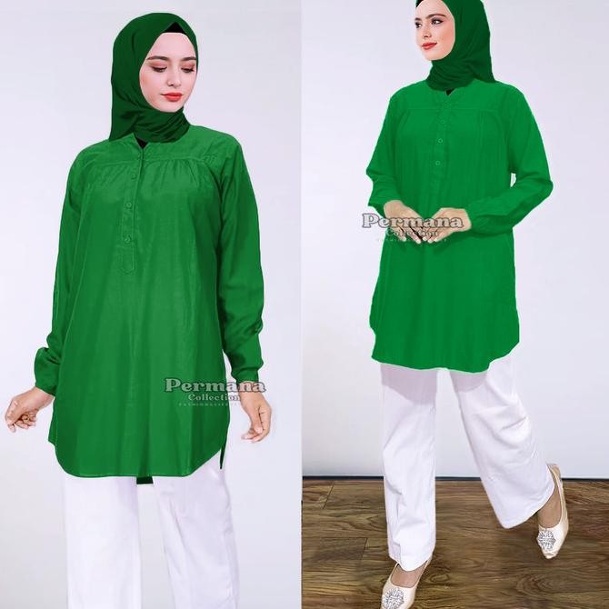 BAJU ATASAN BLOUSE WANITA KEMEJA LENGAN PANJANG HIJAU JUMBO DEWASA