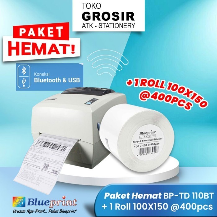 

Promo Hemat Printer Bp Td110Bt +Kertas Thermal Label Resi A6 Blueprint New