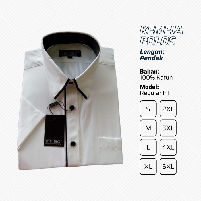 Kemeja Pria Rita Ricci Katun Putih Polos Kombinasi Lis Lengan Pendek