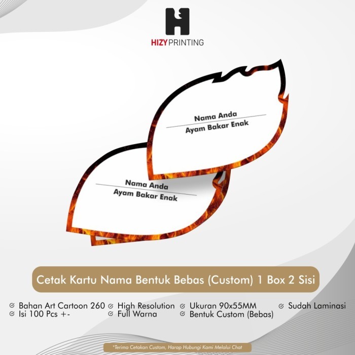 Cetak Kartu Nama Custom 2 Sisi (Bentuk Bebas) Die Cut Terlaris