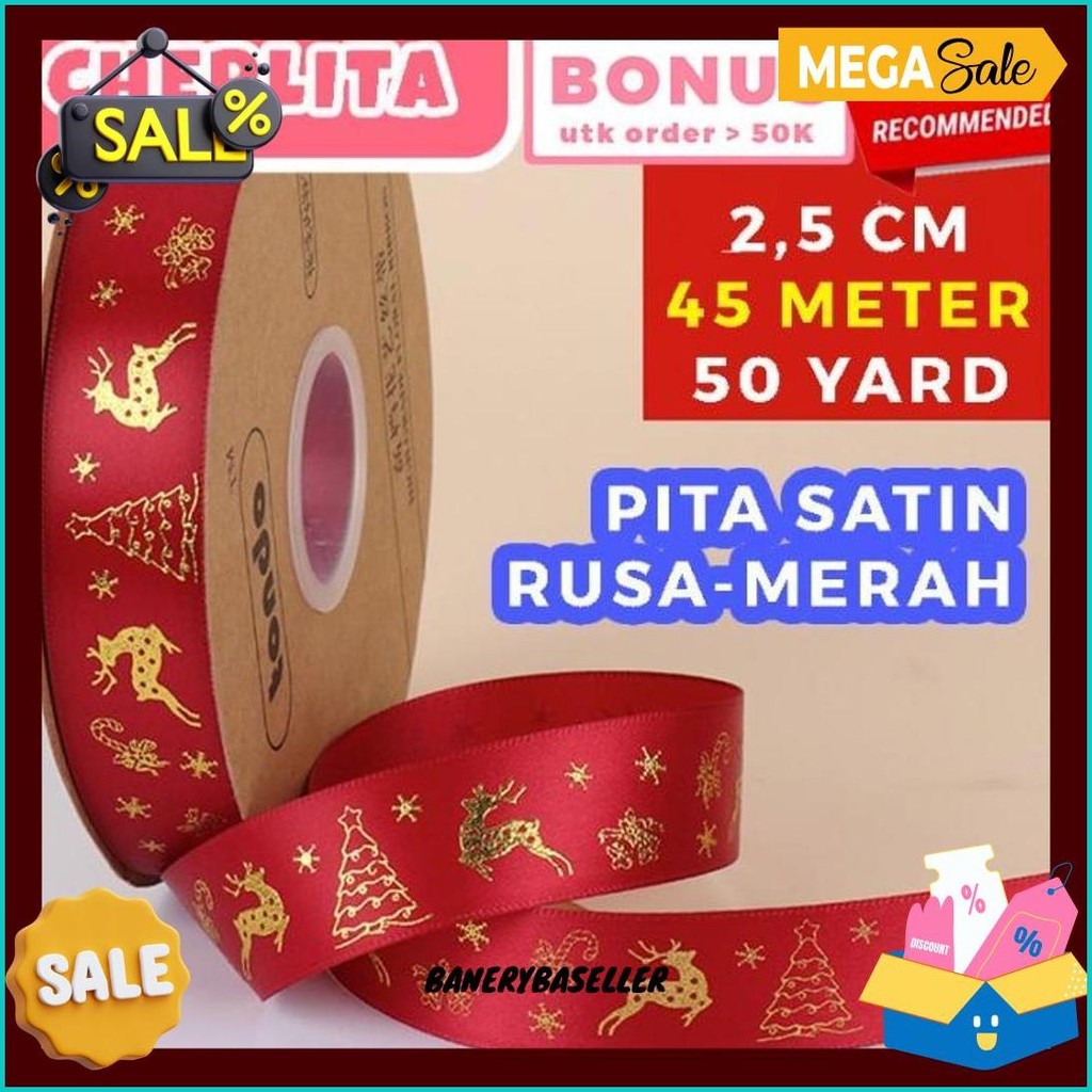 

45 Meter Pita Natal Christmas Ribbon Emboss Emas 50 Yard Packaging Kado Hampers Diskon