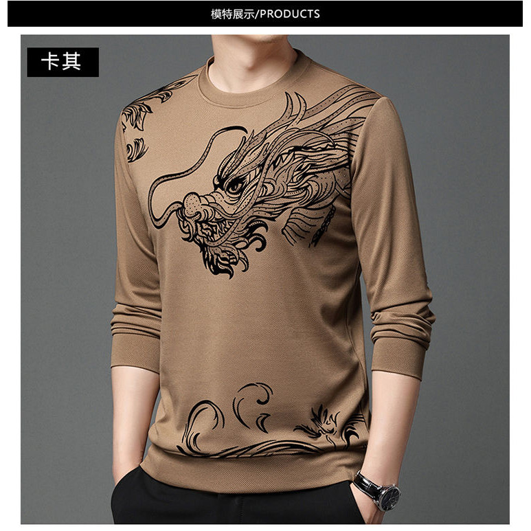 Lengan Panjang Pria T Kaus Sweter Naga Kerah Bulat Motif, Kaus Dalaman Anak Laki-laki