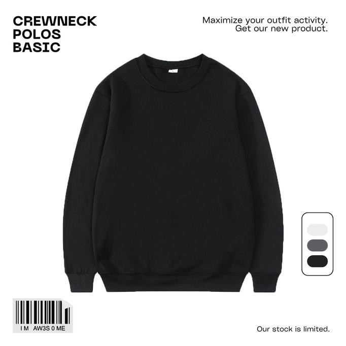 SWEATER CREWNECK POLOS HITAM PRIA WANITA BAHAN FLEECE PE ORGINAL