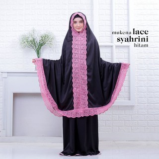 ORIGINAL MUKENA DEWASA SATIN SILK LACE SYAHRINI - HITAM-PINK