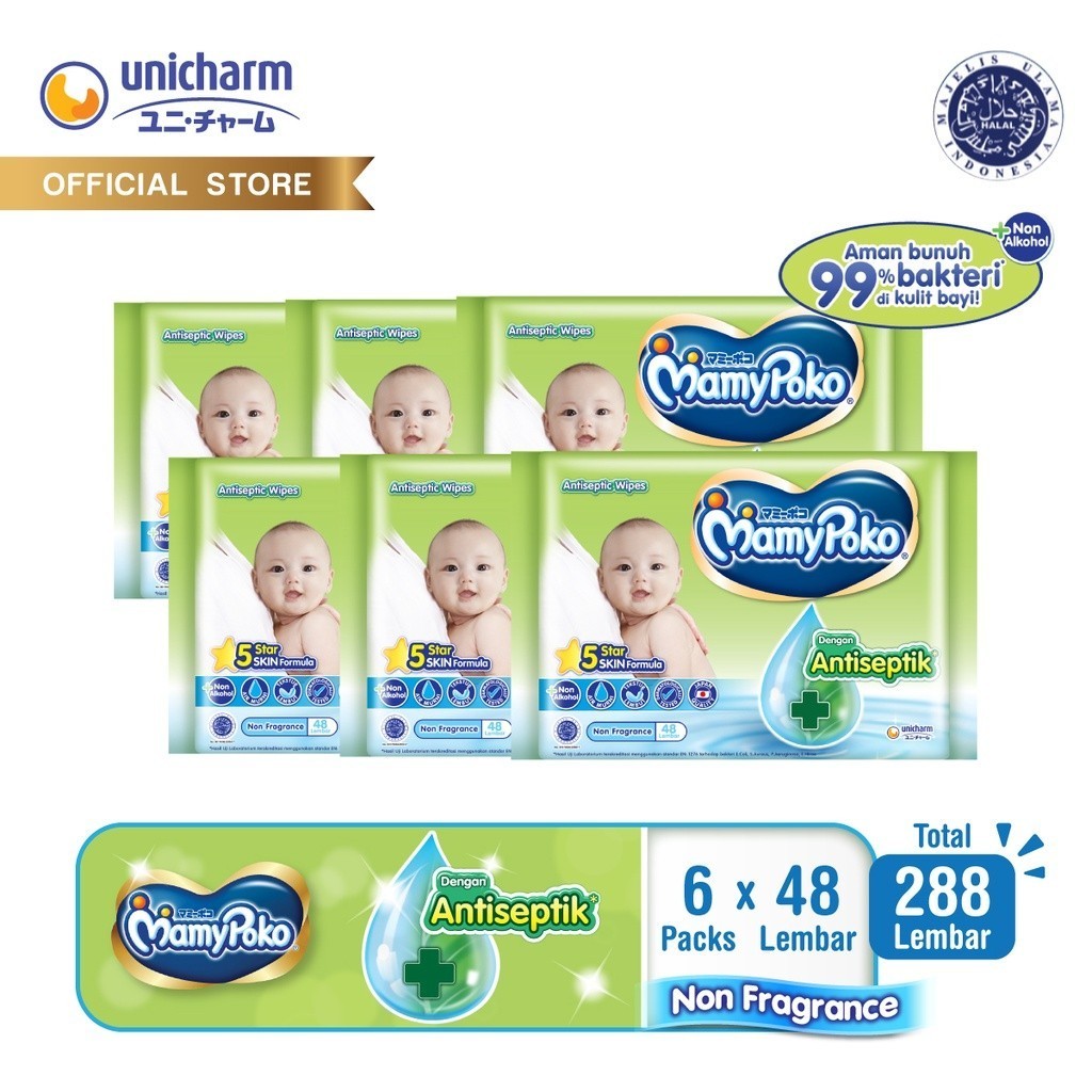 Tisu Basah MamyPoko Wipes Regular Antiseptik 48 Non Perfume - 6 Packs