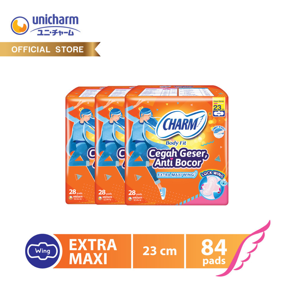 Charm Pembalut Body Fit Extra Maxi 23cm Wing 28 pads - 3 Packs