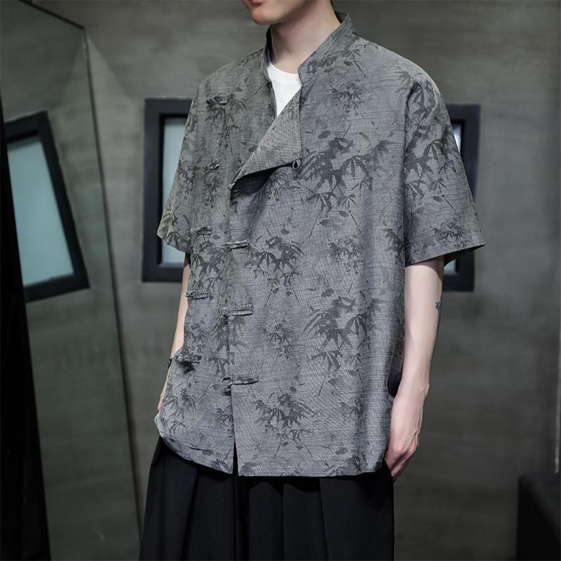 Baju Pria Gaya China, Baju Pria Musim Panas Kerah Berdiri, Lengan Pendek, Kancing Kodok, Gaya China,