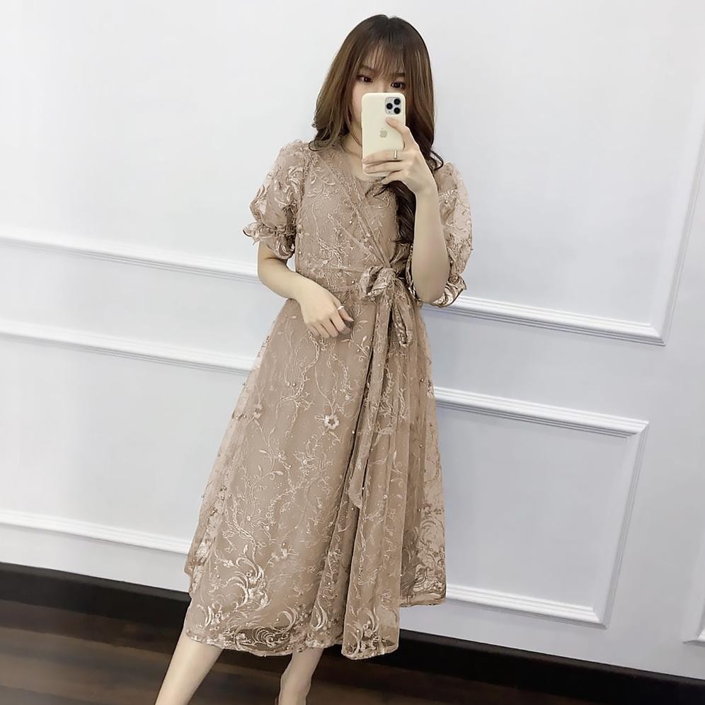 CR - MIDI DRESS NATAL LIVINA | REKOMENDASI OUTFIT BAJU PESTA KONDANGAN WANITA GAYA KOREA BROKAT TILE