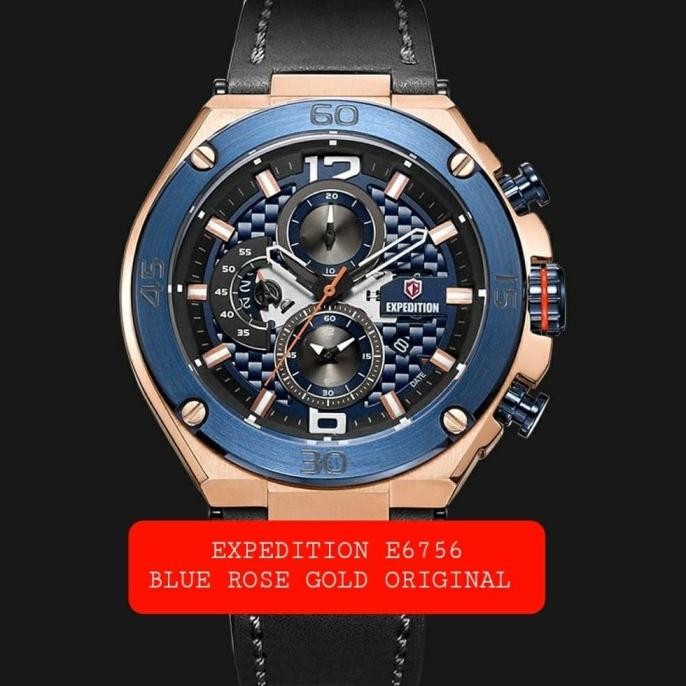 EXPEDITION E6756 E 6756 BLUE ROSEGOLD LEATHER JAM TANGAN PRIA ORIGINAL