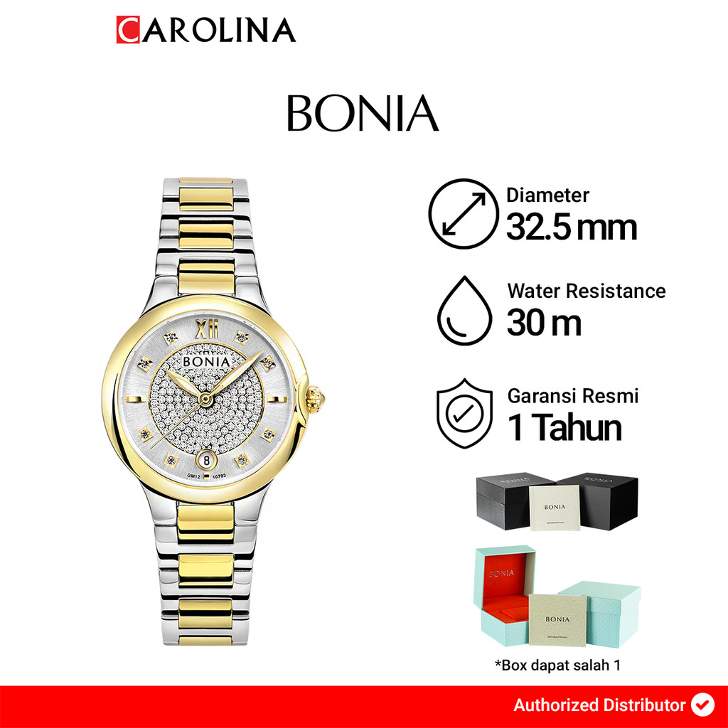 Jam Tangan Wanita BONIA B10793-2113 Silver Dial Dual Tone Stainless Steel Strap