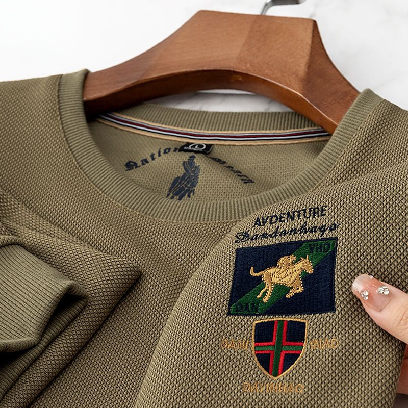 American Casual Embroidered Sweater Men's Waffle T T-shirt round Neck Long Sleeve