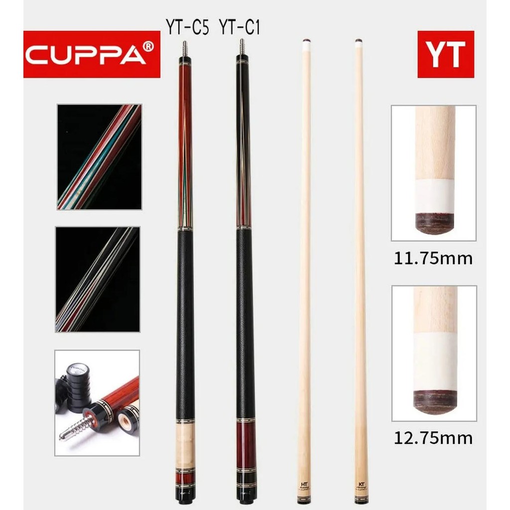 cuppa yt adventure 9 ball billiard pool cue stick 11.75mm 12.75mm set
