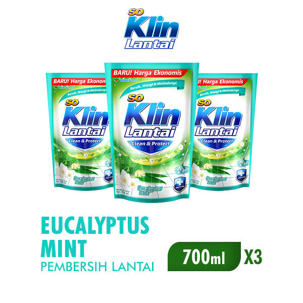 Soklin Pembersih Lantai Clean & Protect Eucalyptus Mint Pouch 700 ml x3