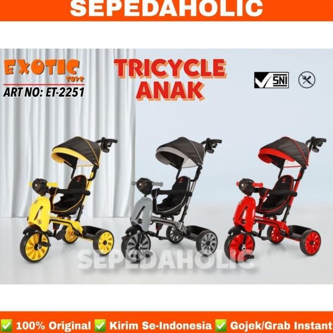 Sepeda Roda Tiga Anak EXOTIC ET 2251 Model Motor Kanopi Stir Tricycle  NS