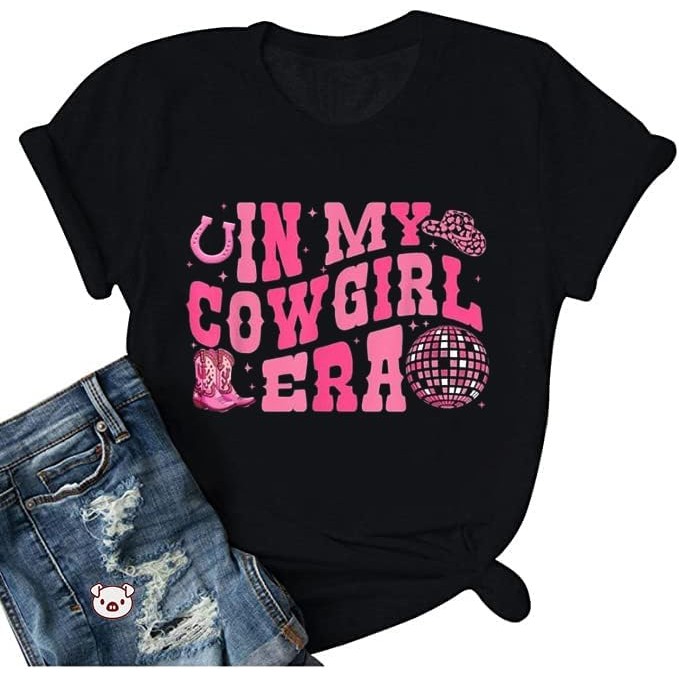 Kemeja Koboi untuk Wanita di Era Koboi Saya Kaos Motif Huruf Topi Koboi Barat Baru Kaos Bergambar |Y