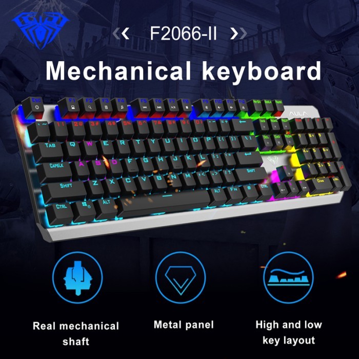 Promo Keyboard Gaming Aula F-2066 Ii/F2066 Ii Mech Blue Switch -Rgb Rainbow