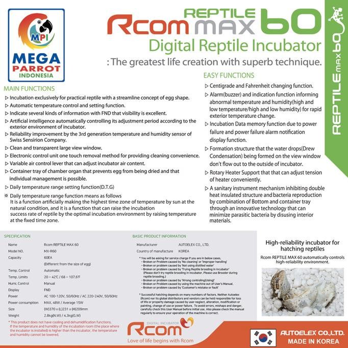 Rcom Reptil Inkubator Max60 Reptile Incubator Mx-R60 Alat Tetas Reptil