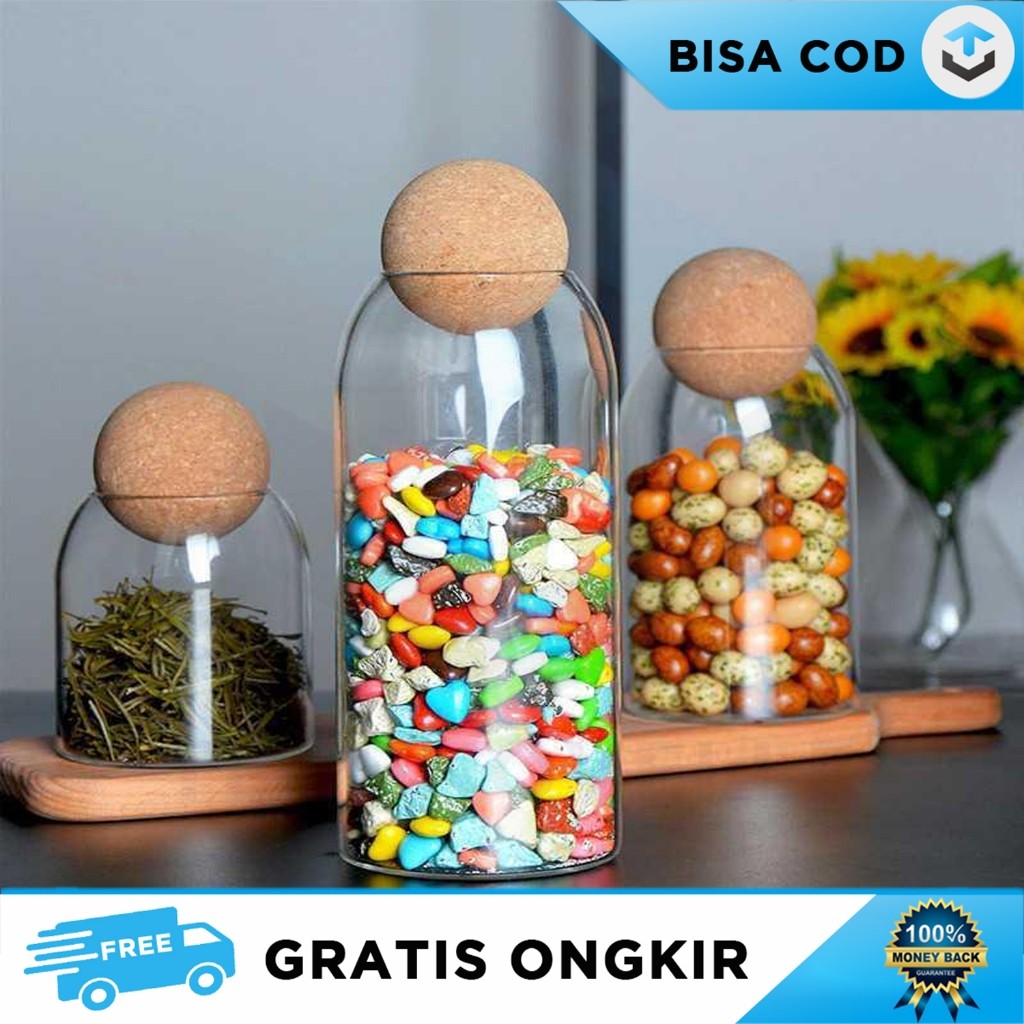 TEMPAT PENYIMPANAN PERMEN MAKANAN BOTOL KACA TUTUP BOLA UNIK AESTHETIC