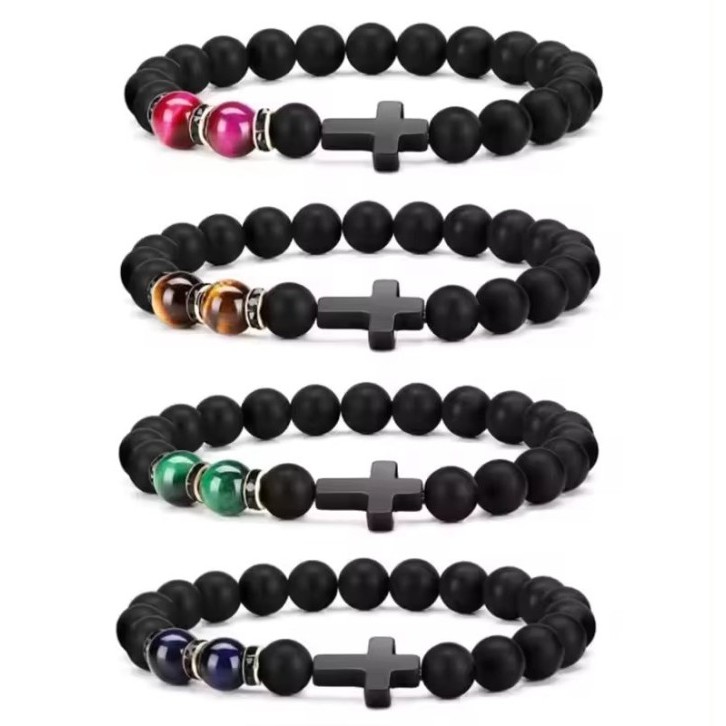 Azzatun - Gelang Salib Batu Alam Lava Stone Dan Tiger Eye - Gelang Salib Pria - Gelang Salib Kristen