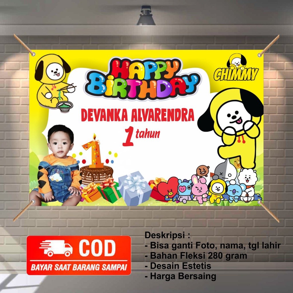 Banner / Backdrop Ulang Tahun Anak Custom | Gratis Desain | Contoh BT 21 Cimi