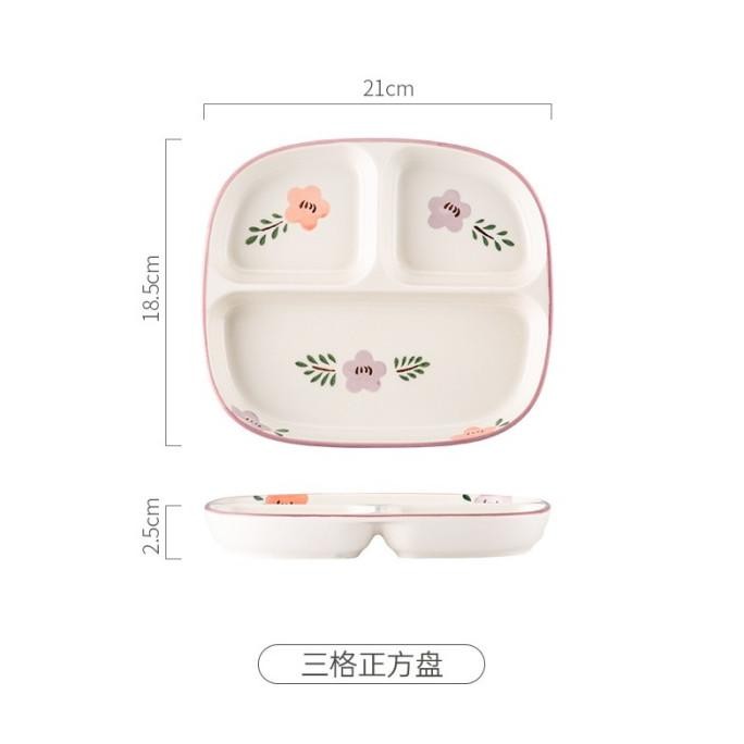 Piring Keramik Sekat Tiga 3 Motif Bunga ala Korea / Piring Makan Diet F67A