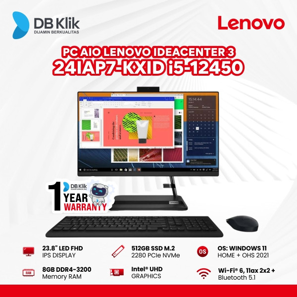 Lenovo Pc Aio 24Iap7-Kxid I5-12450 8/512 Dvd 23,8" Black Win Ohs