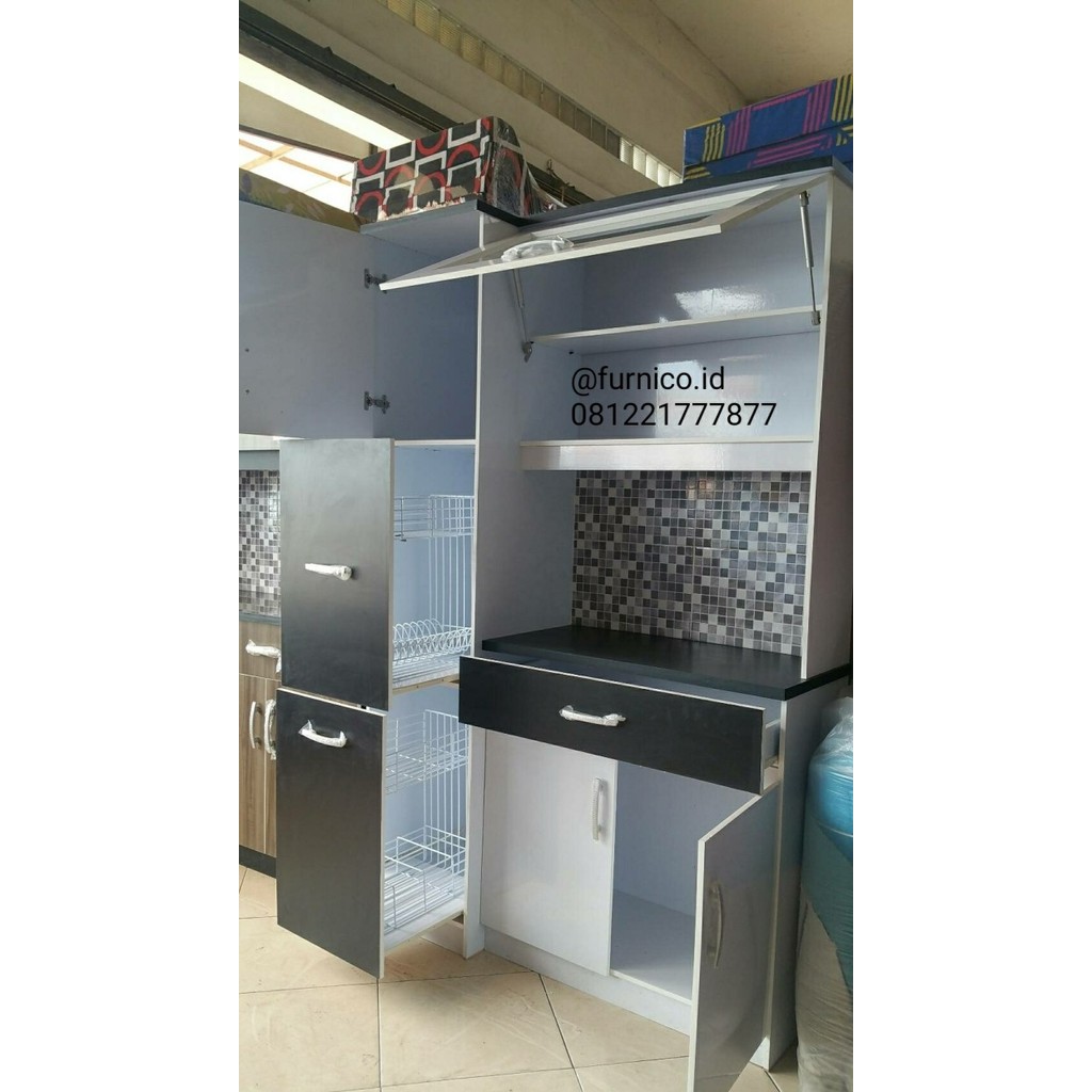 Produk Ready lemari piring RAK PIRING 3 PINTU KAYU BLOKTIK HPL HITAM PUTIH