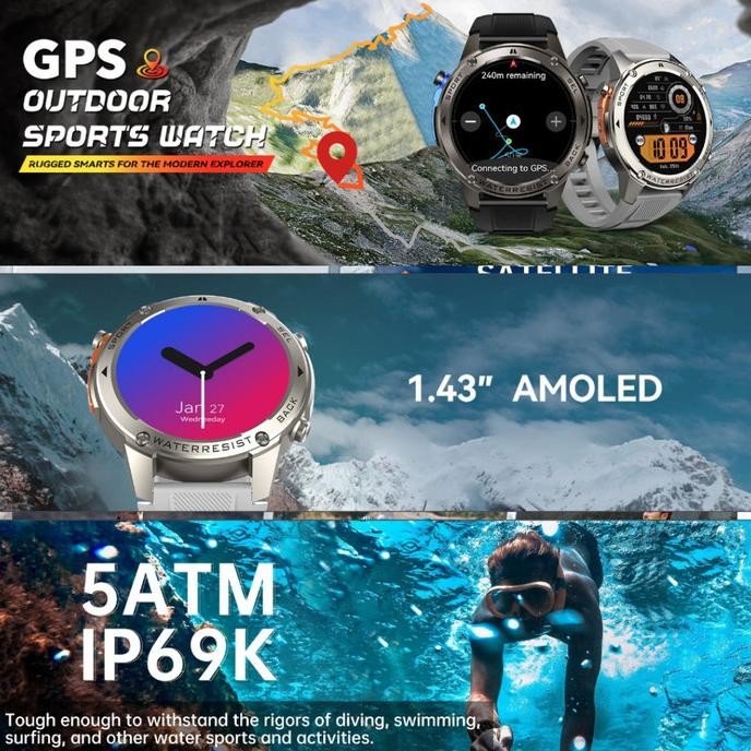 DM56 Smartwatch Retina Amoled Smartwatch Built-in GPS Compass Altimeter Barometer 5 ATM Waterproof [