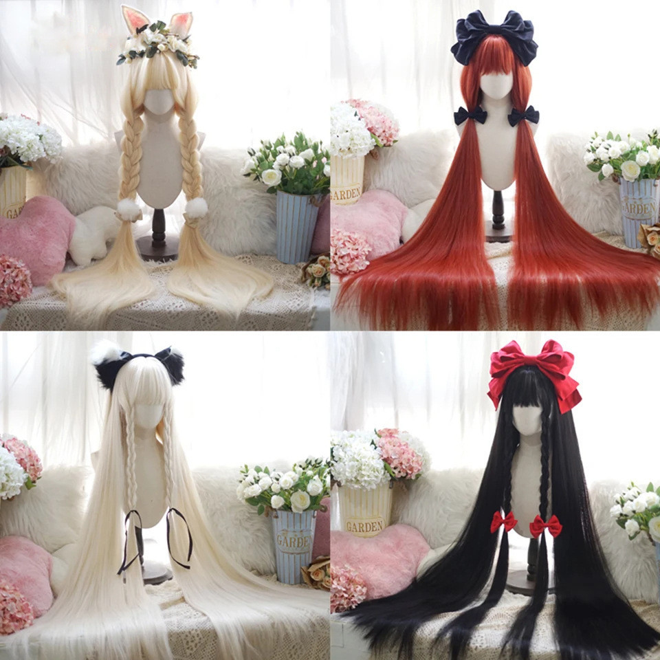 Wig Lolita Super Panjang Rambut Lurus 120cm Pirang Putih Merah Muda Lucu Wanita Halloween Cosplay Wi