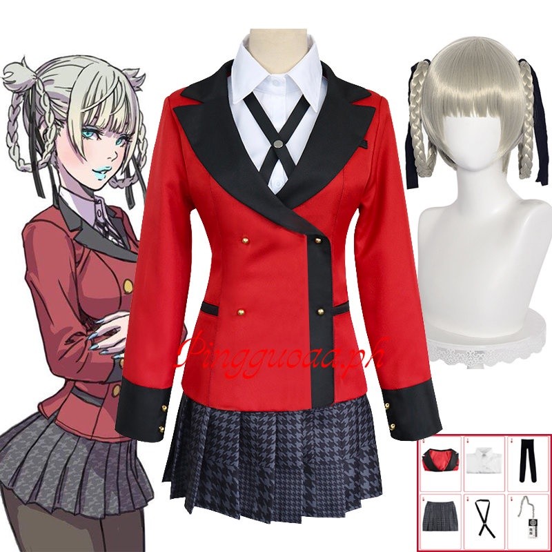 Kostum Karnaval Halloween Cosplay Anime Kakegurui Kirari Momobami Setelan Seragam Sekolah Wanita Wig