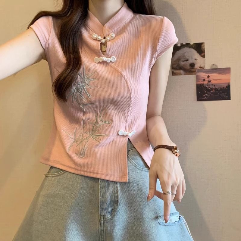 Nasional Wanita Gaya Baru Cina Kerah Berdiri Simpul Cina Kancing Bordir Lengan Pendek T Baju Atasan 