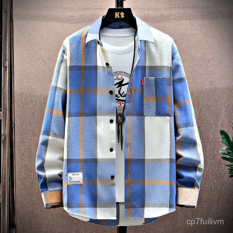 Long Sleeve Men's Plaid Shirt Large Plaid Youth Korean Loose
