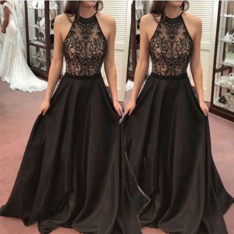 Gaun Prom Hitam untuk Wanita Halter Neck Renda Gaun Pesta Malam Gaun Pesta Gaun Formal |0ycRKYWw|