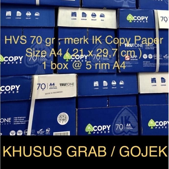 

Hvs A4 70 gr merk IK copy paper ( box ) KHUSUS GRAB / GOJEK