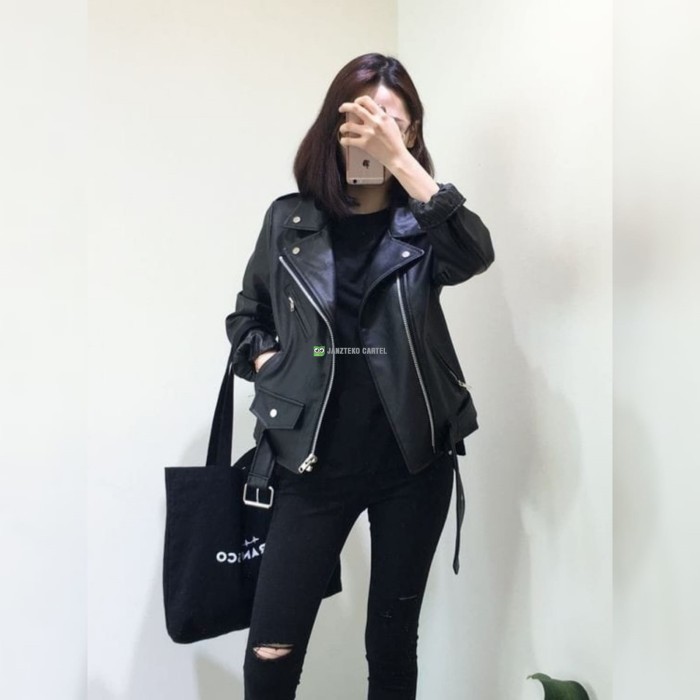 JNK x RMS - Jaket Kulit Leather Wanita Ramones Slimfit Belt Style Punk