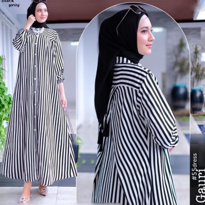 GAMIS WANITA MODERN REMAJA DEWASA LD 120 GARIS GARIS MAXI DRESS MUSLIM GAURI