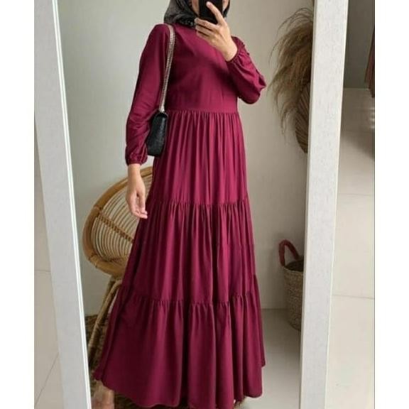 BAJU GAMIS LEBARAN WANITA MUSLIMAH KEKINIAN 2023 POLOS MERAH MAROON