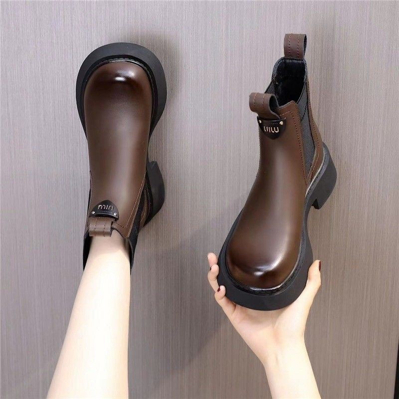 Leather Smoke Pipe Boots Martin Boots British Style Booties