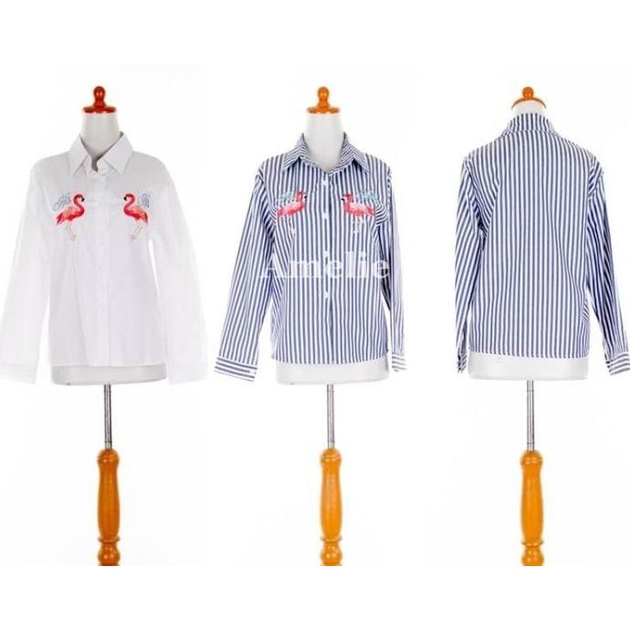 Baru Baju Atasan Hem Kemeja Bordir Flamingo Garis Putih Blouse Tunik Import