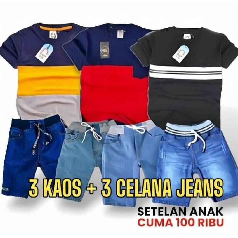 Ready Stok Paket Super Hemat Setelan Kaos Anak Laki Laki Dan Celana Pendek Jeans Anak Streed Combatt