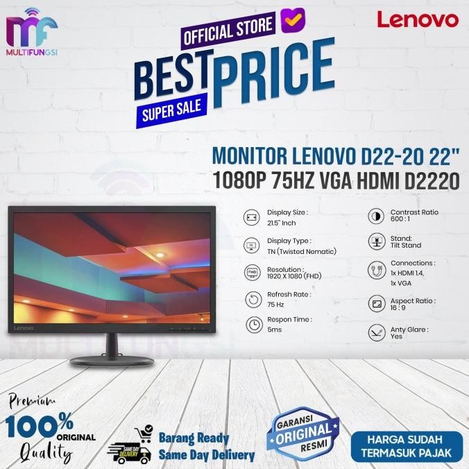 

Monitor Lenovo D22-20 22" 1080p 75Hz VGA HDMI D2220 Garansi Resmi